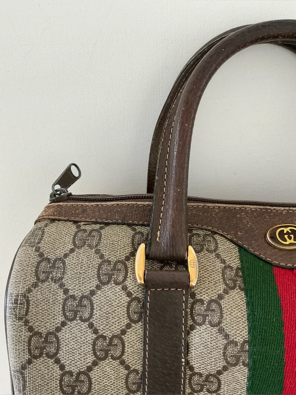 Gucci Vintage GG Supreme Boston Bag Web Stripe Satchel Brown Monogram - Picture 3 of 16